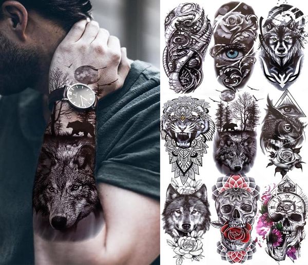 Pegatina de tatuaje de Selva Negra para hombres, mujeres y niños, Tigre, Lobo, calavera de la muerte, tatuaje temporal, esqueleto falso, rey, Animal, tatuaje 8983052