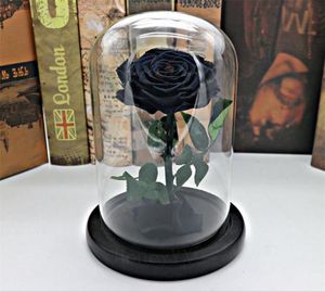 Black Forever Rose Flower Préservé Immortel Rose fraîche en verre Vase Cloche Décorations de mariage Cadeaux uniques Q1904296336103