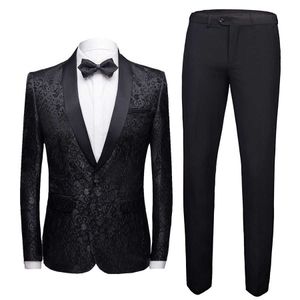Costume formel noir hommes 2 pièces ensemble taille asiatique 4XL Banquet d'affaires hommes robe costume veste et pantalon tissu Jacquard de haute qualité X0909