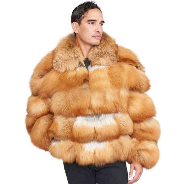 Abrigo de piel de zorro negro para hombre, chaqueta Bomber, prendas de vestir reales gruesas y cálidas para invierno, cuello de piel completo, novedad de 2021