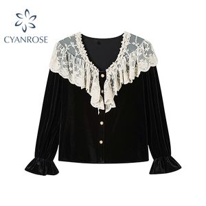 Chemises vintage françaises noires pour femmes Party Flanelle Chemise à poitrine unique Lady Col en V avec col à volants en dentelle Blouse de printemps Tops 210417