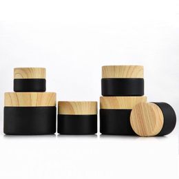 Pots cosmétiques en verre dépoli noir avec couvercles en plastique à grain de bois doublure PP 5g 10g 15g 20g 30 50g récipients de crème pour baume à lèvres Hqqqt