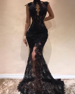 Zwart volle kanten prom jurk hoge spleet sexy avondjurk kralen pure kant feest sexy mermiad jurken op maat gemaakte278q