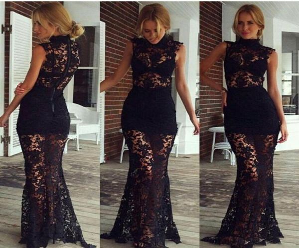 Negro de encaje completo Sheer High Neck Long Vestidos de noche de mujeres