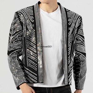 Veste noire avec strass pour hommes, manteau, perceuse, Punk, tenue de Club, Jaqueta Bomber Diamond R978