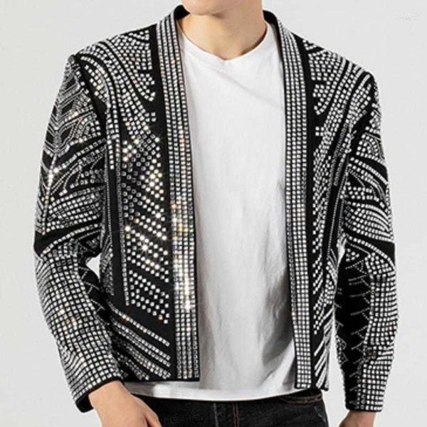 Veste noire pleine strass homme manteau perceuse Punk Club tenue Jaqueta Bomber diamant