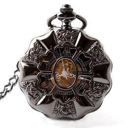 Negro de acero completo Luminoso Mechanical Pocket Watch Steampunk Vintage Hollow Analógico Skeleton Handing 240327