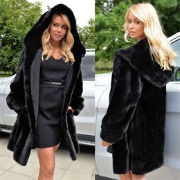 Zwart Bontjas Vrouwen Winter Streetwear Mode Plus Size Losse Hooded Dikke Warme Elegante Lugentolo 211220