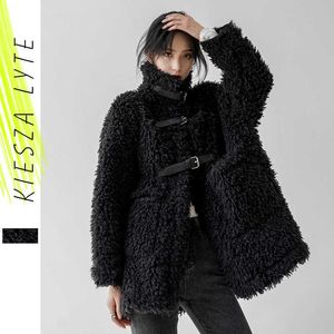 Manteau en laine d'agneau en fourrure noire pour femmes hiver Style coréen lâche chaud manteaux en laine lourde vestes décontractées 210608