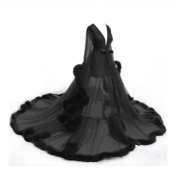 Robe de fourrure noire demoiselle d'honneur mariée manches longues vêtements de nuit pyjamas sur mesure Robe de mariée chemise de nuit doux volants Tulle balayage Train