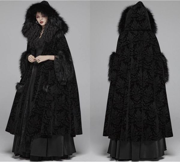 Cape d'hiver en fourrure noire à capuche avec garniture imprimée longue enveloppe de mariée vestes fête spéciale banquet gothique Wrap mariée de mariage Wea2513817