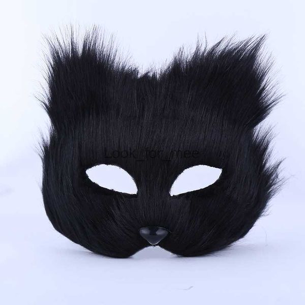 Black Furry Cat Fox Mask Mask Fur Fur Animal Cosplay Bar de cumpleaños Bar Props Masquerada Fantantía Girl Pascua HKD230810