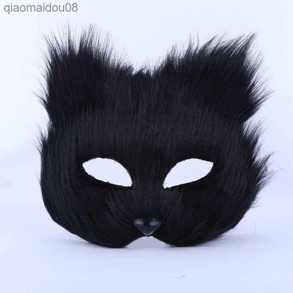 Noir Furry Chat Renard Masque Fausse Fourrure Animal Cosplay Costume Anniversaire Bar Props Fête Mascarade Déguisement Fille Pâques L230704