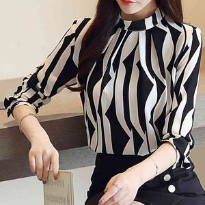 Zwarte geometrische lange mouwen blouses Shirts Gedrukt vrouwen Top Stand Kraag Chiffon Blouse Losse kantoor Blusa 833F 210420