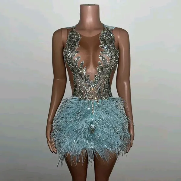 Vestido de fiesta corto azul diamante para niña negra, vestidos de cóctel de cumpleaños con cuentas y cristales, vestidos de cóctel sexys con plumas 2024