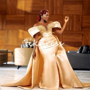 Black Girl Gold Mermaid Prom -jurken met overkruip trein pure nek van schouders plus maat aso ebi avondjurk 2024 nigeria kralen elegante formele feestjurken
