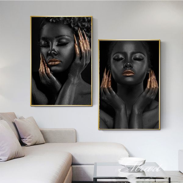 Peintures sur toile avec ongles dorés de fille noire, affiches et imprimés d'art de mode pour salon, images modernes sans cadre