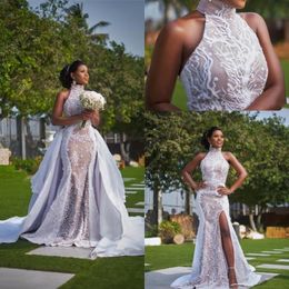 Black Girl Lace Sirène Split Robes de mariée avec jupe détachable 2022 Illusion Lace Applique Wedding Bridal Brids Robes de Mariee BC 277T