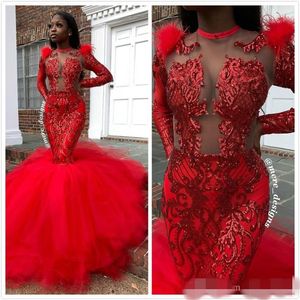 Black Girl Red Robes de bal illusion corsons corsins Applique Jewel Neck Pluat Mermiade tulle Custom Made African Evening Party Gown