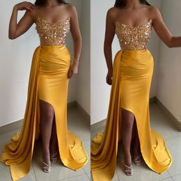 Black Girl -pailletten avondjurk elegante gele strapless feest prom jurken gesplitste plooien formele lange jurk voor rode loper special ocn