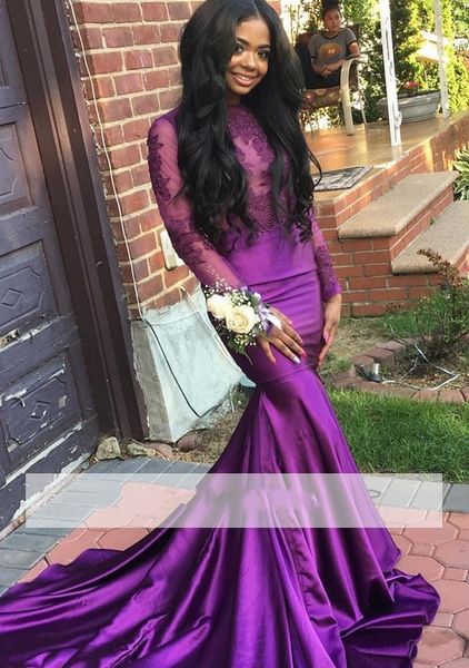 Chicas negras Africano Púrpura Sirena Joya Cuello Mangas largas Apliques de encaje Ropa de fiesta de noche formal Vestidos de fiesta