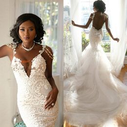 Zwarte meisjes zeemeermin trouwjurken 2020 kant applicaties spaghetti riemen bruidsjurken backless Afrikaanse sexy vestido de novia