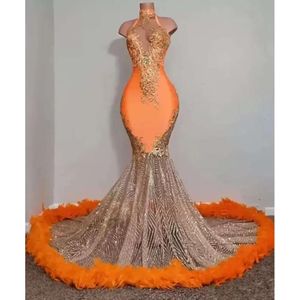 Zwarte meisjes oranje zeemeermin prom en avondjurken kralen lovertjes met hoge nek veren luxe rok avondfeest formele jurken bc14825