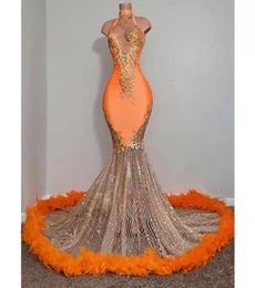 Filles noires orange sirène robes de bal 2023 satin perles paillettes col haut plumes jupe de luxe soirée robes de soirée pour5919182
