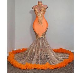 Black Girls Orange Mermaid Prom Dresses 2023 Satin Beading Sequined High Neck Feathers Luxury Falte Fiest Farty Formal For7738645