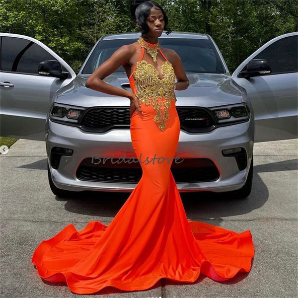 Black Girls Orange Prom Dress 2023 Sexy Halter Mermaid Vestido de noche largo con cuentas de encaje apretado Envío rápido Vestidos de fiesta formales robe de soiree vestido de noche damas