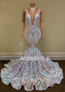 Black Girls Sparkly Sequin Long Prom Dresses 2022 Sexy Sheer O Neck Mermaid Afrikaanse Dames Gala Avond Feestjurken Roekjes