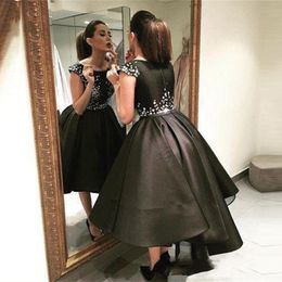 Zwart glamoureuze schep nek korte baljurk bruidsmeisje jurken 2018 Sparkly Black satijnen formele prom jurken feestkleding jurk voor brid280m