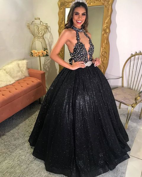 Vestido de baile de lentejuelas con purpurina negra, vestido de graduación, encaje con cuentas, espalda descubierta, cuello alto, para niñas, dulces 16 vestidos, vestidos de quinceañera