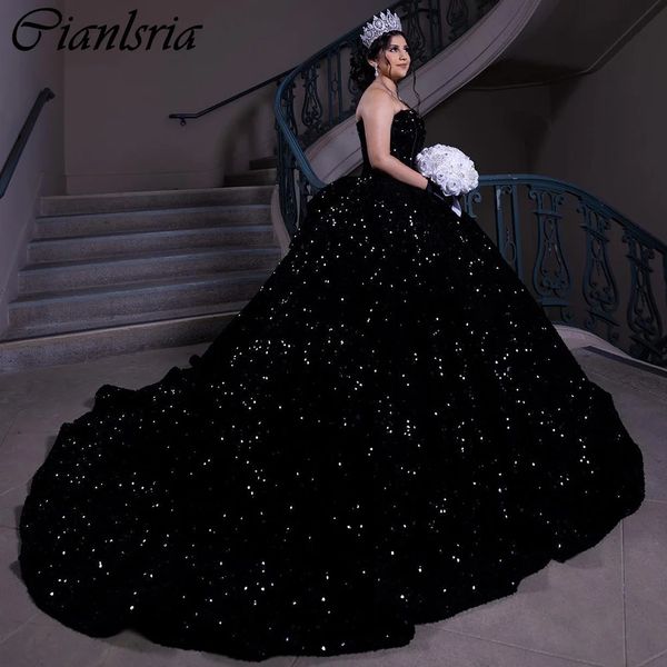 Robe De bal à paillettes noires, robes De Quinceanera, chérie, sans manches, Corset, robes De 15 ans