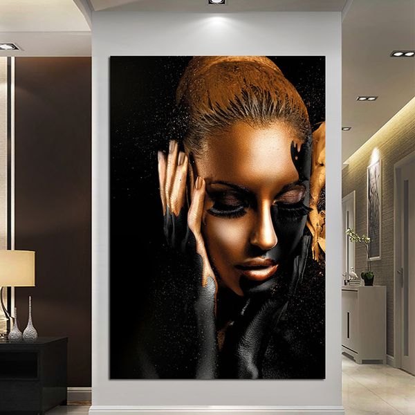 Noir or femme africaine peintures à l'huile sur toile nue mur Art affiches et impressions scandinaves Cuadros pour salon décor