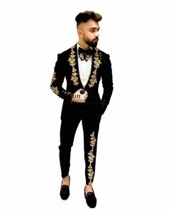 Zwarte Goud Applicaties Mannen Pakken 2 Stuks Set Knappe Bruidegom Bruiloft Smoking Slim Fit Formele Busin Mannelijke Blazer Broek Outfit l3fz #