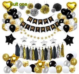 Zwart gouden ballon trekvlag Verjaardag Layout Visstaartvlag Tassel Paper Bloembal Vijfpuntige sterballonpakket Decorat9188906