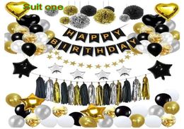Zwart gouden ballon trekvlag Verjaardag Layout Visstaartvlag Tassel Paper Bloembal Vijfpuntig sterballonpakket Decorat3822835