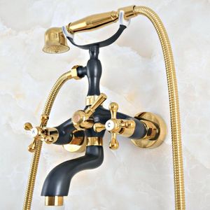 Grifo de bañera de baño de montaje en pared de latón de Color negro dorado, manijas cruzadas dobles, estilo de teléfono, ducha de mano, relleno de bañera con patas ana408