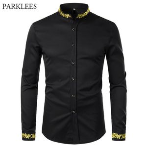 Chemise de broderie d'or noir hommes printemps hommes chemises habillées col montant boutonné chemise homme camisa masculina 210721