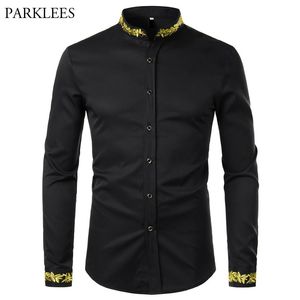 Chemise de broderie d'or noir hommes printemps nouveaux hommes chemises habillées col montant boutonné chemises Chemise Homme Camisa Masculina 201120