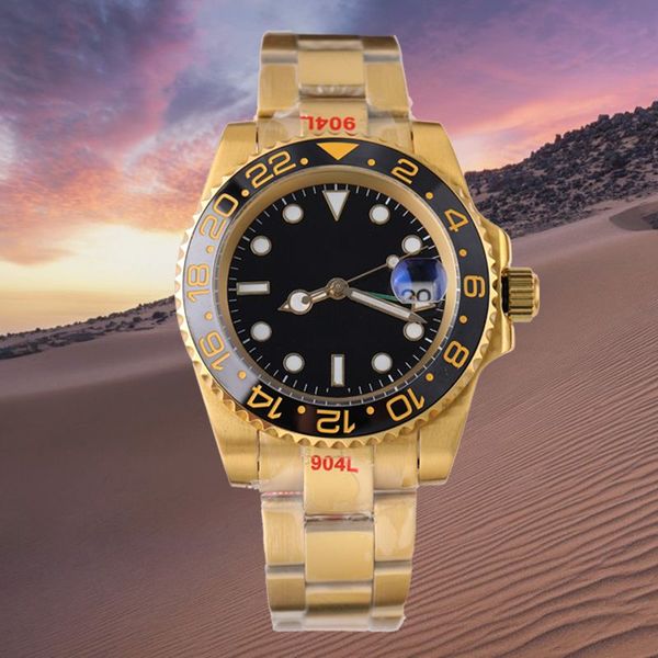 Relojes masculinos de oro negro Cerradura deslizante de acero inoxidable Cierre sólido Relojes de pulsera mecánicos automáticos para hombre Reloj para hombre Bisel de cerámica Reloj de pulsera Cystal de zafiro