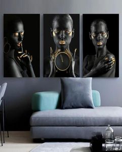 Peinture à l'huile sur toile de femme d'art africain nu en or noir, affiches et imprimés Cuadros, tableau mural scandinave pour salon 1030683