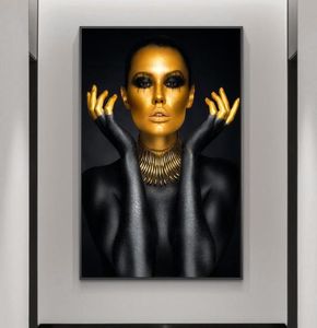 Peintures sur toile de femme sexy nue en or noir sur le mur, affiches et imprimés d'art avec visage doré, image d'art de fille, décoration murale de maison Cuadro1301918
