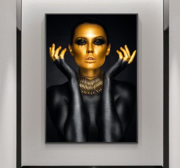 Pinturas en lienzo de mujer Sexy desnuda en oro negro, carteles e impresiones artísticos de pared, imagen artística de chica con cara dorada, decoración de pared para el hogar, Cuadro9390925