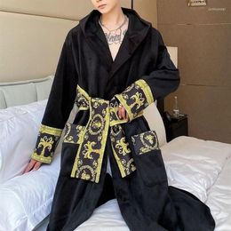 Robe en velours Paisley noir et or, vêtements de nuit de luxe pour hommes, longue chemise de nuit à capuche, bain chaud, hiver, 273j