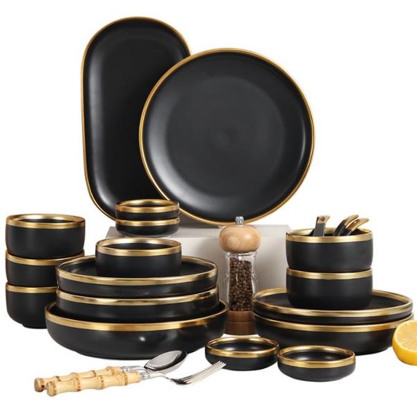 Juego de vajilla de porcelana dorada negra, plato de cocina, plato de comida de cerámica, ensalada, fideos de arroz, juego de vajilla 1p