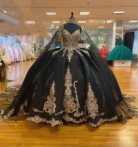 Black Gold Puffy Princess Quinceanera Jurken met Cape Luxe Sparkly Applique Beaded Lace-up Corset Vestidos de 15 anos