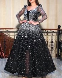 Black Gold Sequined Evening Dresses Long Sleeve Luxury High Side Split Prom Gown with Detachable Train Long Formal Party Gown