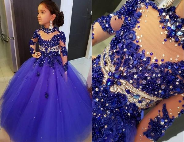 Vestidos de lujo de color azul real de talla grande para niñas pequeñas, vestidos de manga larga con cuentas de cristal y cuello alto, vestido de fiesta para niños, vestidos de fiesta de cumpleaños de tul con gradas por encargo